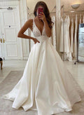 A-Line V-Neck Sleeveless Sweep Train Satin Prom Dresses With Lace