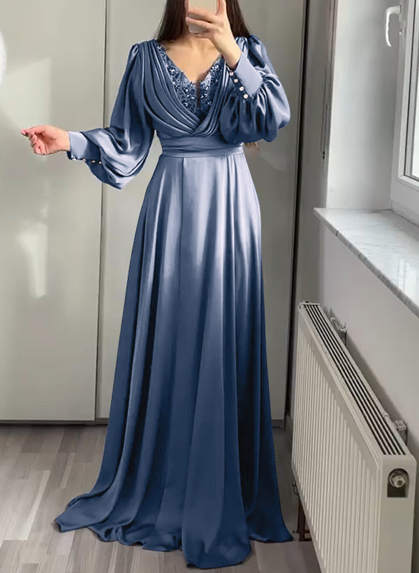 A-Line V-Neck Long Sleeves Sweep Train Stretch Satin Evening Dresses With Beading