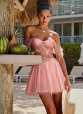 Off-The-Shoulder Beading Sequins Illusion Corset A-Line Short/Mini Satin/Tulle Homecoming Dresses