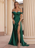 Elegant Sequins Off-The-Shoulder High Split Sweep Train Stretch Satin Prom Dresses