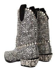 Women's Black Suede Strass Crystal Cowgirl Boots Leather