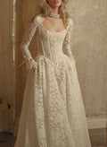 Elegant Cowl Neck Bow(s) Long Sleeves A-Line Court Train Lace Wedding Dresses