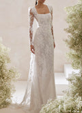 Elegant Square Neckline Long Sleeves Detachable Length Lace Wedding Dresses With Back Hole