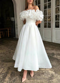 Elegant Ruffle Off-The-Shoulder Sleeveless A-Line Ankle-Length Tulle Wedding Dresses