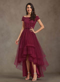 Elegant Off-The-Shoulder Tulle A-Line Asymmetrical Length Silk Like Satin Mother Of The Bride Dresses