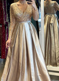A-Line V-Neck Long Sleeves Satin/Sequined Evening Dresses With Pleated