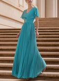 Long Chiffon Pleated Short Sleeves Evening Dresses