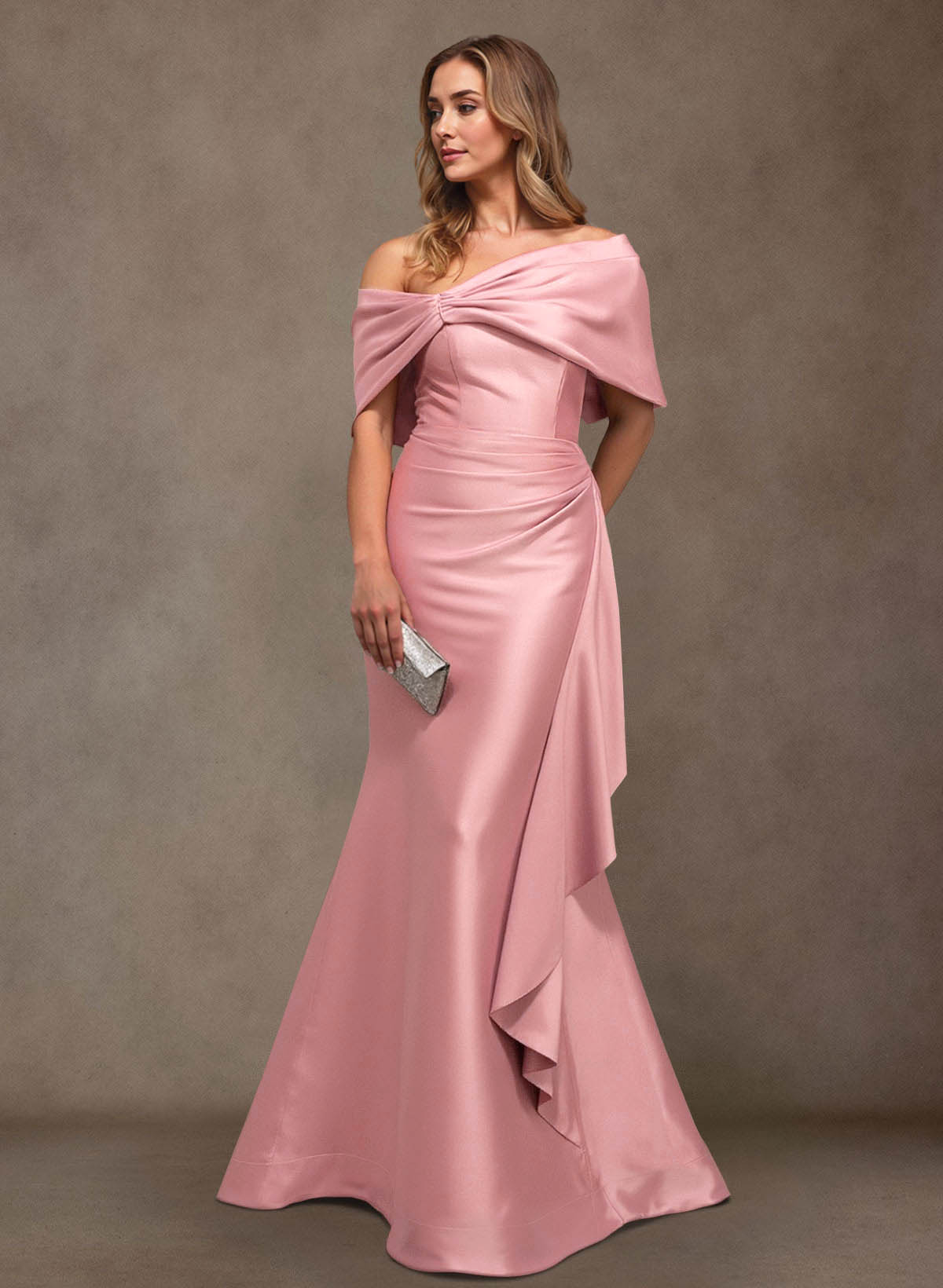 Elegant Off-The-Shoulder Ruffle Mermaid Floor-Length Matte Satin Mother Of The Bride Dresses