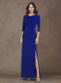 Asymmetrical Neckline 1/2 Sleeves Split Front Floor-Length Crepe Satin Mother Of The Bride Dresses