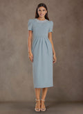 Elegant Rhinestone Scoop Neck Short Sleeves Back Slit Tea-Length Elastic Satin Mother Of The Bride Dresses