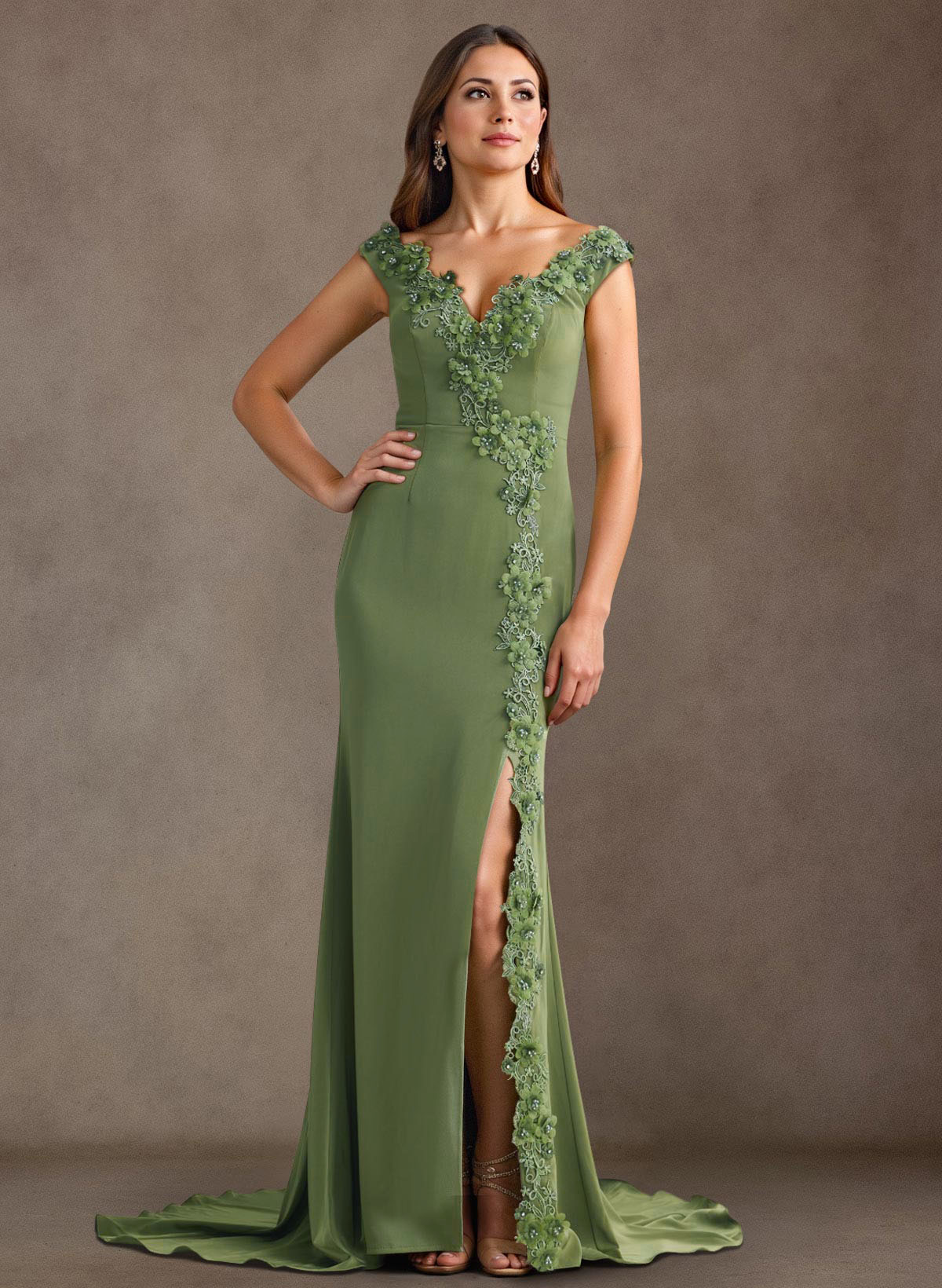 Lace Flower(s) Off-The-Shoulder Mermaid Sweep Train Stretch Chiffon Mother Of The Bride Dresses