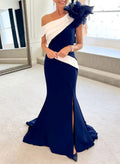 Elegant Ruffle Asymmetrical Neckline Sleeveless Mermaid Sweep Train Elastic Satin Evening Dresses