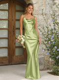 Sheath/Column Cowl Neck Floor-Length Silk Like Satin Bridesmaid Dresses With High Split