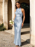 Trumpet/Mermaid Halter Floor-Length Stretch Satin Knit Bridesmaid Dresses With Beading/Back Hole