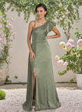 A-Line Asymmetrical Crepe Satin Bridesmaid Dresses With Ruffle/High Split