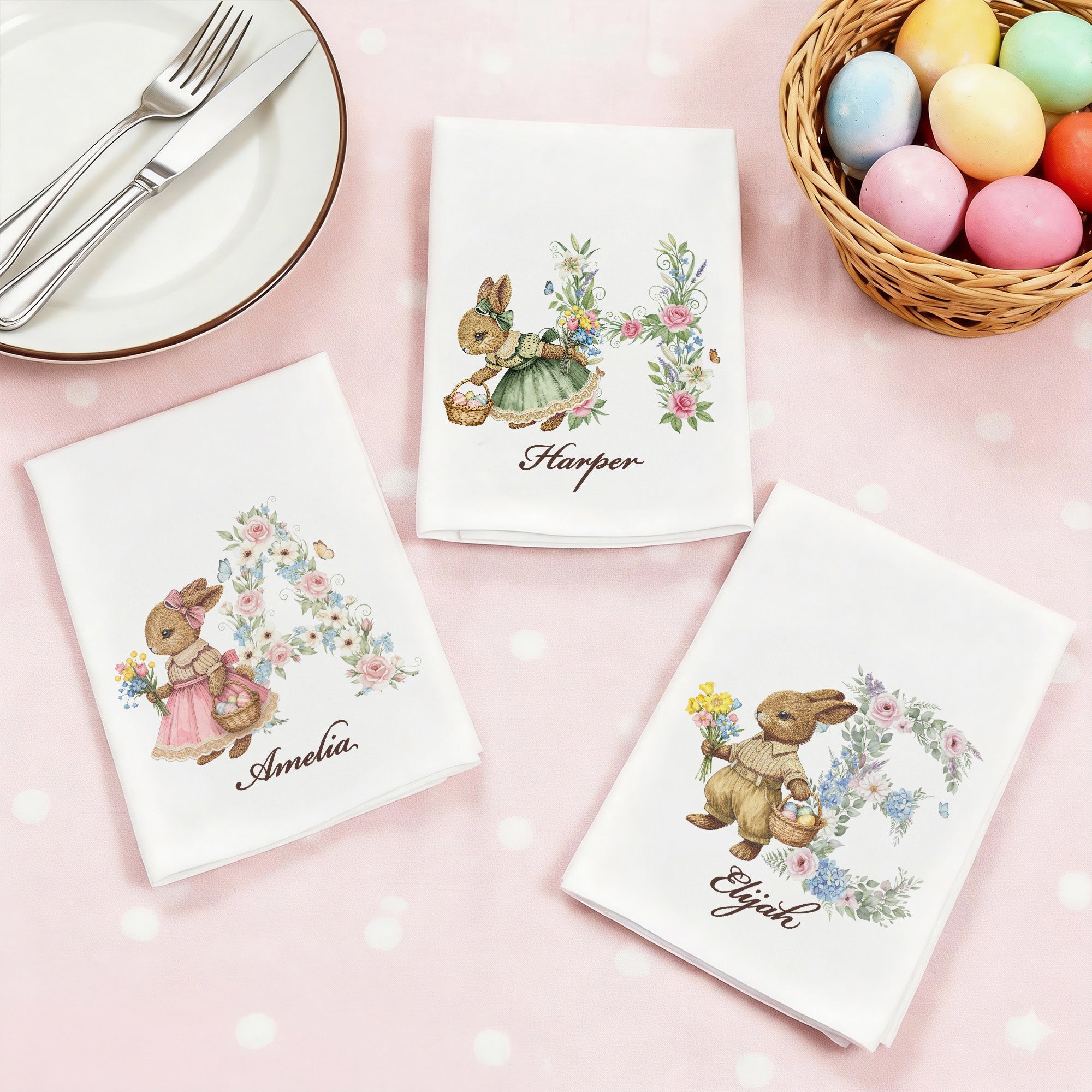 Servilleta de algodón 100% con iniciales florales de conejo acuarela vintage personalizada con nombre Decoración de mesa Regalo de Pascua para niños Familia