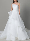Elegant Strapless Sleeveless A-Line Cascading Ruffles Sweep Train Organza Wedding Dresses