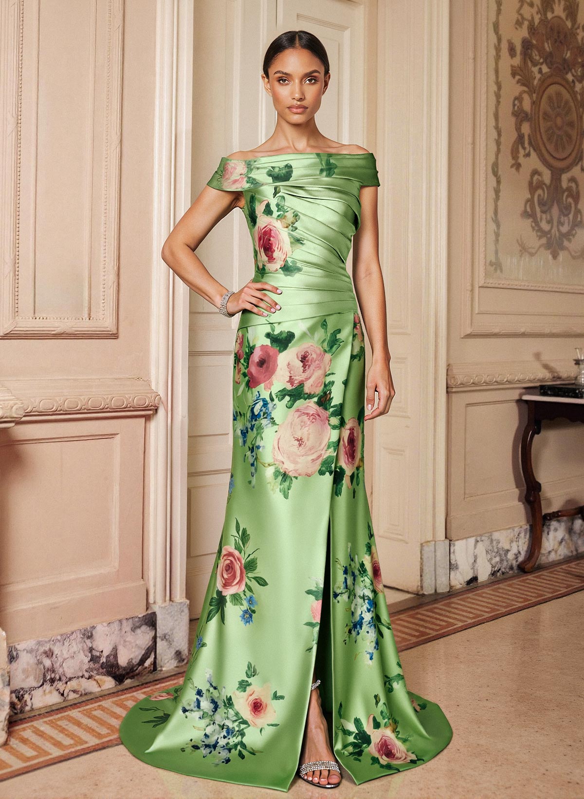 Trumpet/Mermaid Off-The-Shoulder Sweep Train Mother Of The Bride Dresses With Floral-Print