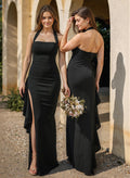 Sheath/Column Halter Floor-Length Stretch Satin Bridesmaid Dresses With Ruffle/High Split