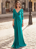 Elegant V-Neck Lace Long Sleeves Pleated Mermaid Floor-Length Chiffon/Jersey Mother Of The Bride Dresses