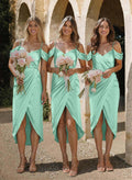 Sheath/Column V-Neck Short Sleeves Tea-Length Charmeuse Bridesmaid Dresses With High Split