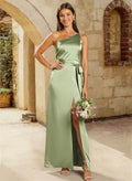 A-Line One-Shoulder Sleeveless Ankle-Length Stretch Satin Knit Bridesmaid Dresses With High Split
