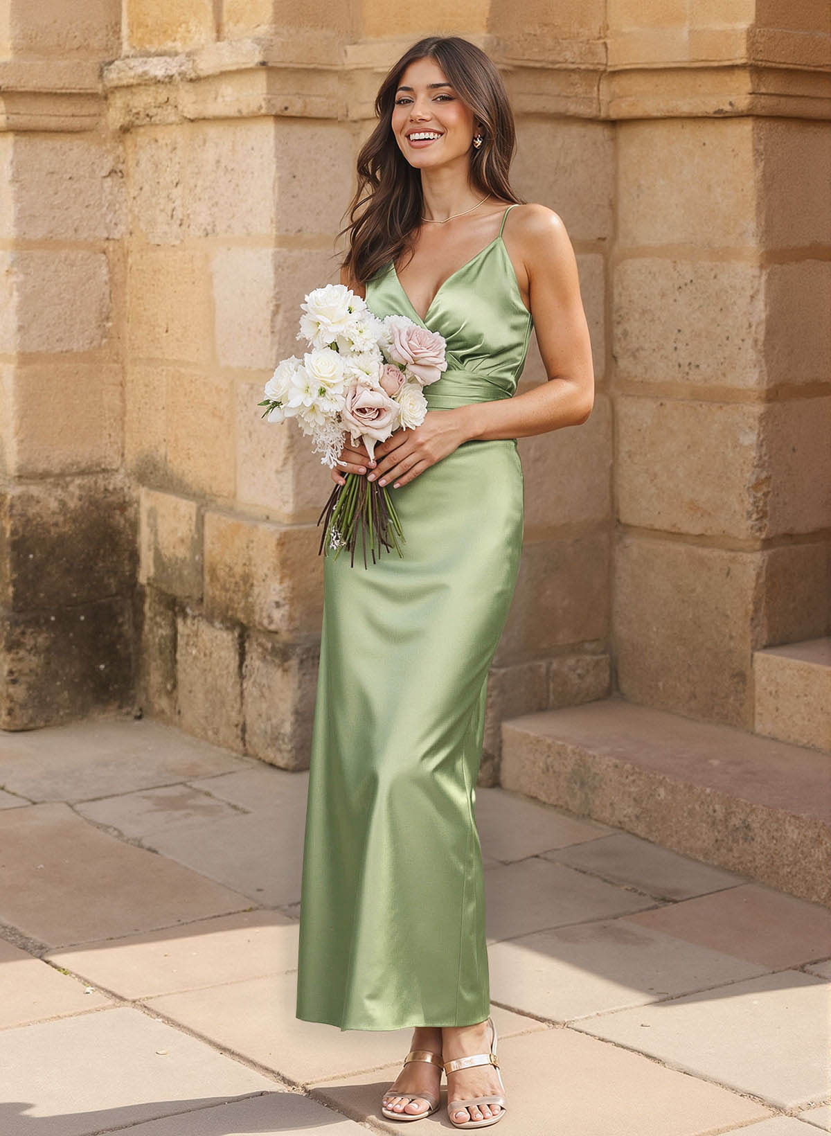 A-Line V-Neck Sleeveless Ankle-Length Stretch Satin Knit Bridesmaid Dresses With Bow(s)