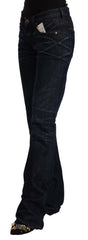 Women's Dark Blue Mid Waist Cotton Denim Straight Jeans Elastane Clothing