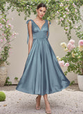 Classic V-Neck Bow(s) Regular Straps A-Line Tea-Length Stretch Satin Bridesmaid Dresses