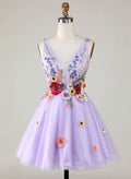 Flower(s) Sleeveless V-Neck A-Line Short/Mini Lace/Tulle Homecoming Dresses