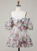 Pleated Bow(s) Sweetheart Off-The-Shoulder Ruffle Short Sleeves A-Line Short/Mini Chiffon Homecoming Dresses