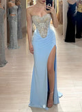 Elegant Sweetheart Sleeveless High Split Sweep Train Crepe Satin Evening Dresses