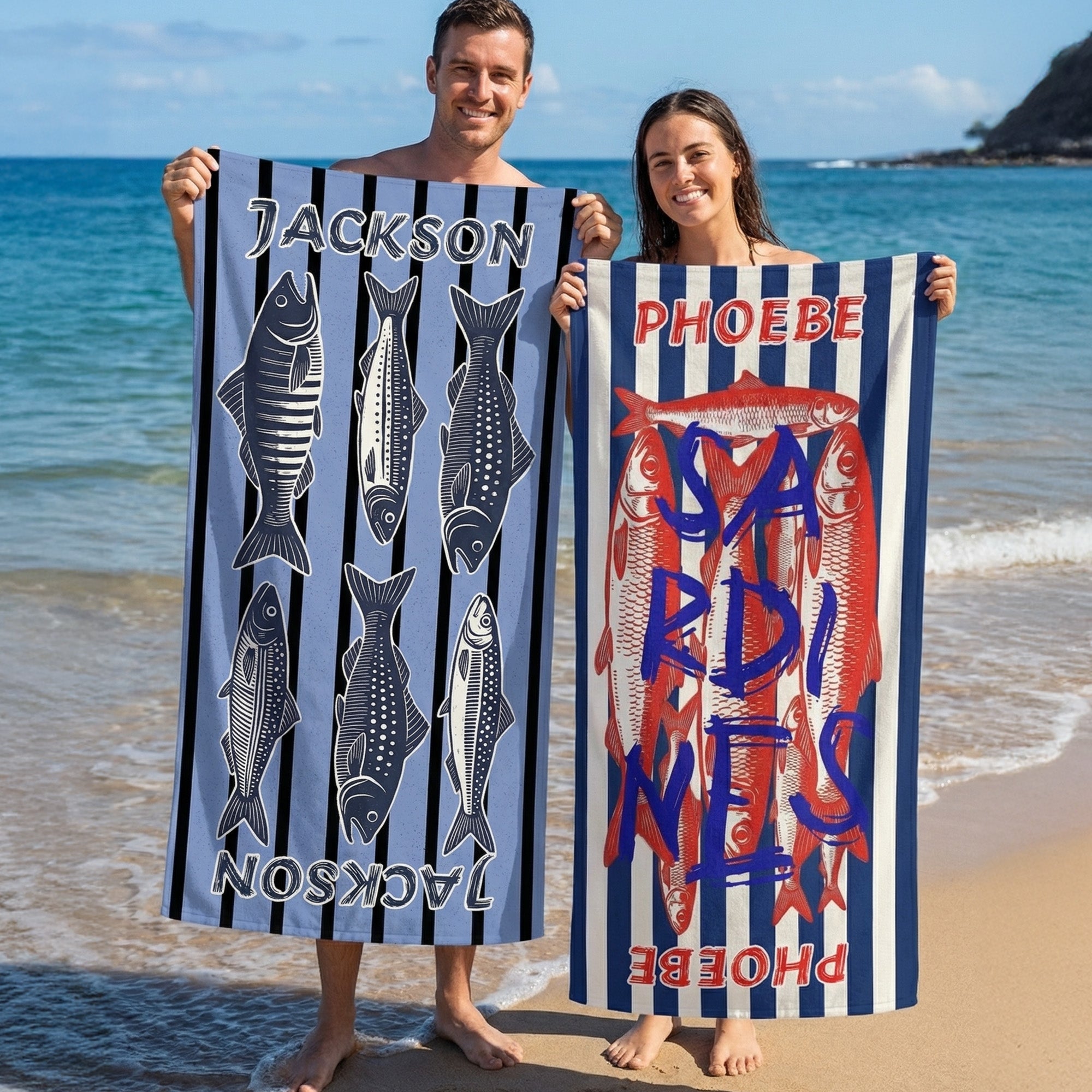 Toalla de playa personalizada con nombre y dibujo en la mochila Fiesta en la playa Regalo de cumpleaños para los amantes de la pesca