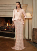 Elegant V-Neck 3/4 Sleeves Lace Mermaid Sweep Train Crepe Satin Mother Of The Bride Dresses With Bow(s)/Flower(s)