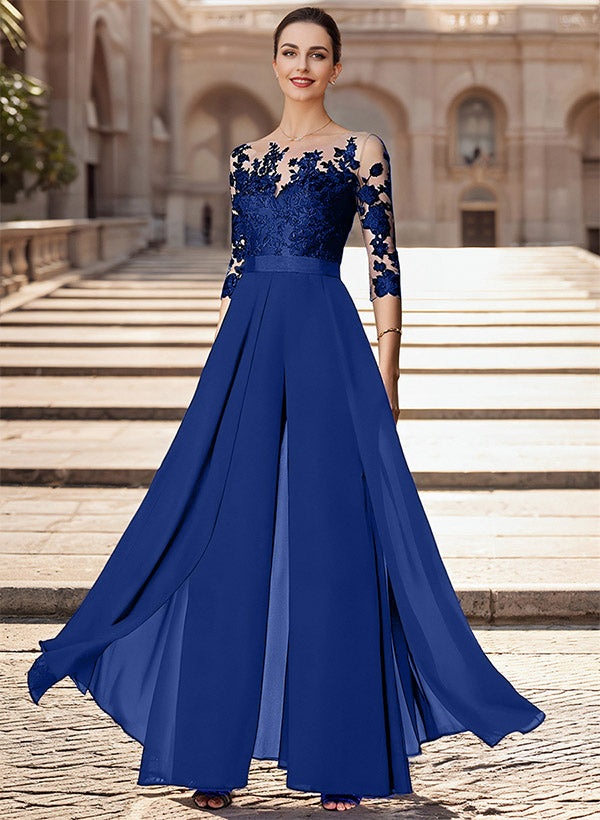 Illusion Neck Detachable Length Chiffon Mother Of The Bride Jumpsuit With Appliques Lace