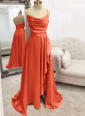 A-Line Cowl Neck Sleeveless Stretch Satin Prom Dresses With Split Front