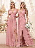 A-Line Plunge Neck Floor-Length Chiffon Bridesmaid With Split Front