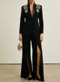 Elegant V-Neck Long Sleeves Floor-Length Italian Satin Evening Pantsuit With Rhinestone