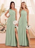 Elegant A-Line One-Shoulder Floor-Length Chiffon Bridesmaid With Split Front