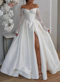 Sweetheart Off-The-Shoulder Long Sleeves A-Line Floor-Length Matte Satin Wedding Dresses With Lace/High Split