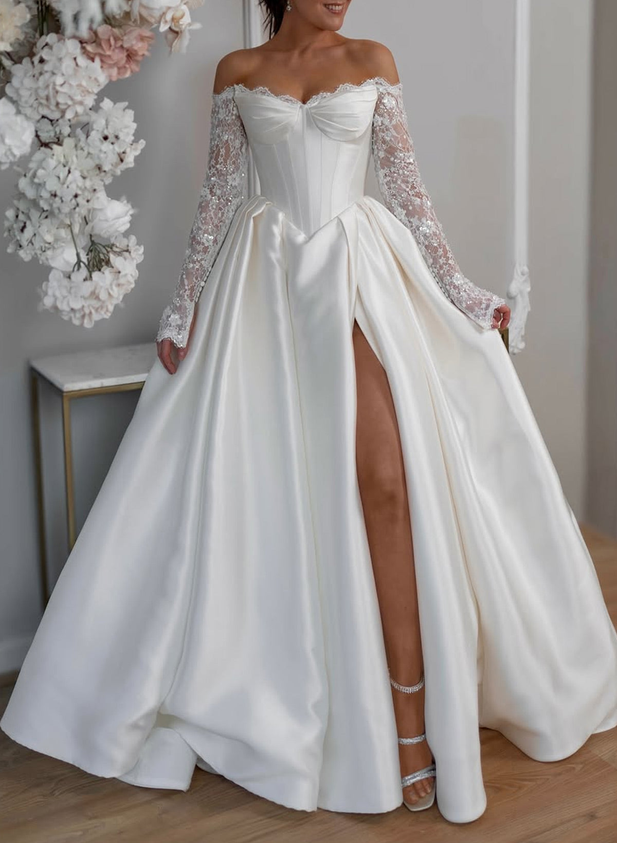 Sweetheart Off-The-Shoulder Long Sleeves A-Line Floor-Length Matte Satin Wedding Dresses With Lace/High Split