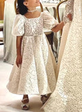 Square Neckline Short Sleeves A-Line Ankle-Length Lace Flower Girl Dresses With Bow(s)