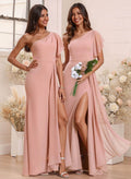 One-Shoulder Ruffle Short Sleeves Floor-Length Chiffon Bridesmaid Dresses With High Split