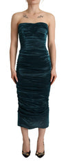 Women's Turquoise Bustier Bodice Draped Midi Dress Silk Polyester Elastane