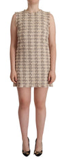 Women's Beige Checkered Sleeveless Mini Shift Dress Cotton Nylon Wool Viscose