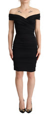 Women's Bodycon Black Silk Off Shoulder Sheath Dress Elastane