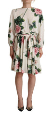 Women's White Rose Print Long Sleeves A-Line Dress Silk Elastane