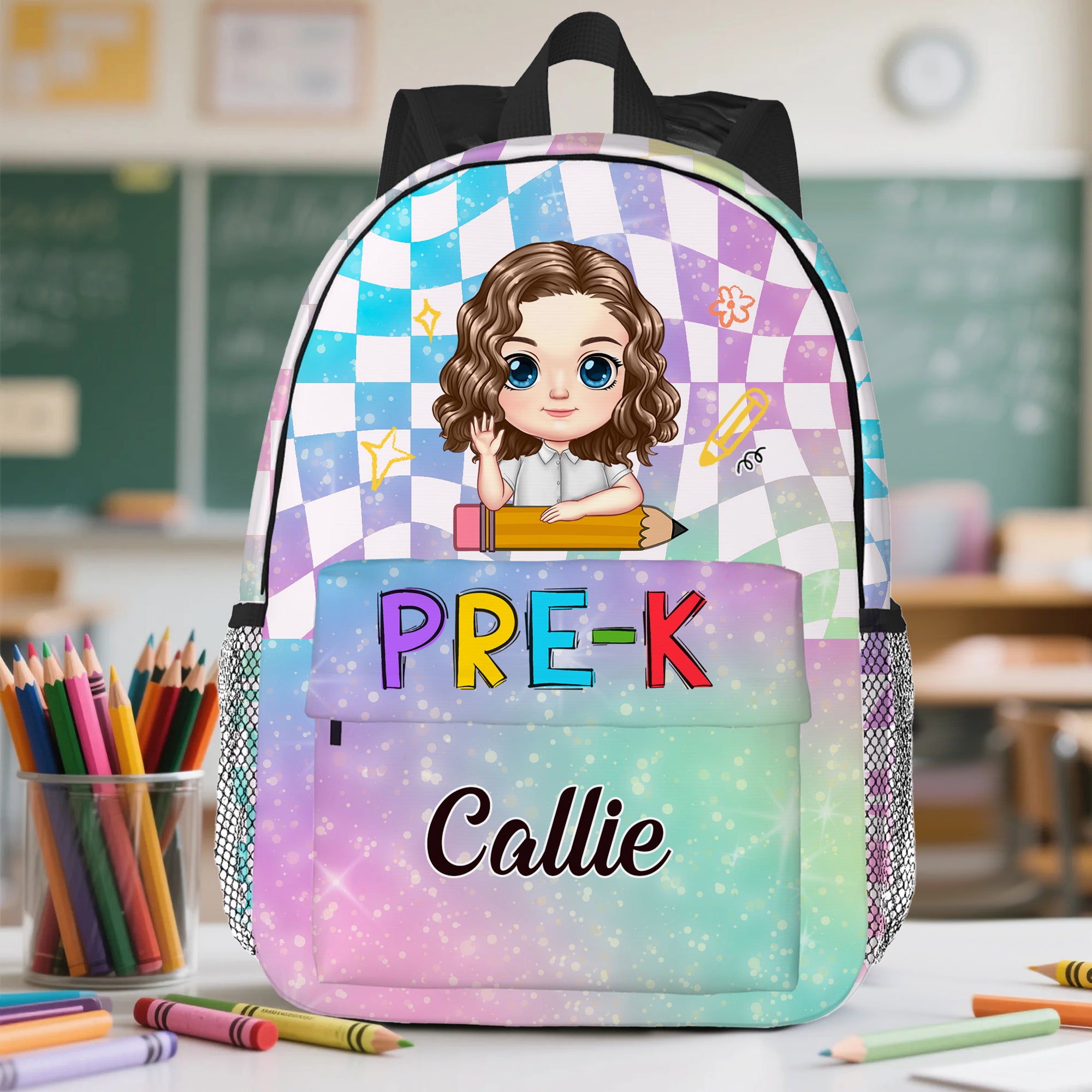 Mochila de cuadros personalizada con nombre y bolsillos laterales Regalo de cumpleaños de vuelta al cole para niños y niñas