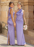 Trumpet/Mermaid Halter Floor-Length Stretch Satin Bridesmaid Dresses With Back Slit