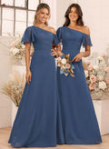 A-Line One-Shoulder Short Sleeves Floor-Length Chiffon Bridesmaid Dresses